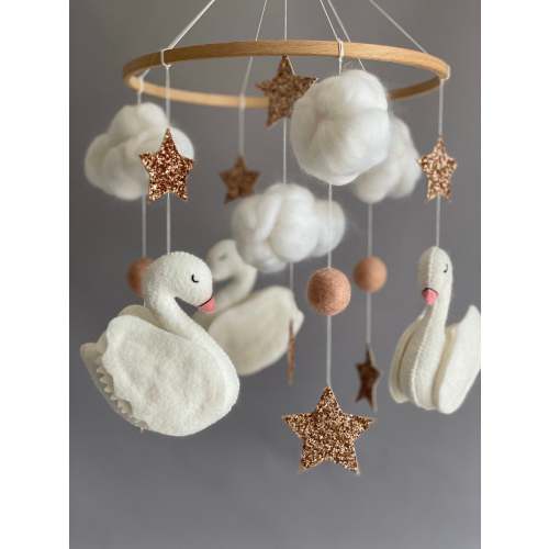 Baby mobile swans, nursery crib mobile animals, baby girl mobile