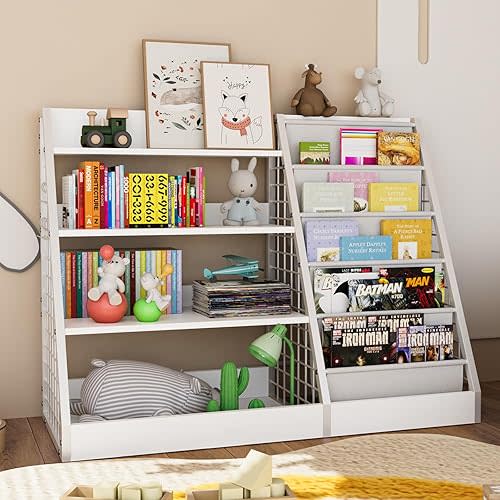 4 Tier Kids Wooden Bookshelf, 5 Layer Sling Bookcase, Kids Book and Toy Organizer Cabinet Chest, Baby Storage Book Rack, for Kids Room Playroom Nursery Classroom(White)