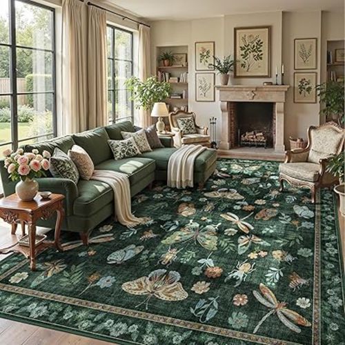 AIMPEAK Insect Washable Rugs 8x10 Dark Green, Soft Butterfly 8x10 Area Rugs for Living Room Indoor, Non Slip Bug Bedroom Rug Under Bed Thin Large Carpet with Flowers for Dining Room Office Playroom