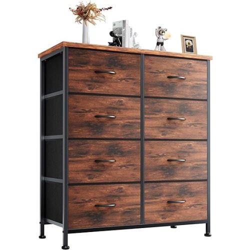 DUMOS Dresser for Bedroom with 8 Fabric Drawers, Tall Chest Organizer Units for Clothing, Closet, Kidsroom, Storage Tower with Cabinet, Metal Frame, Wooden Top, Lightweight Nursery Furniture, Brown