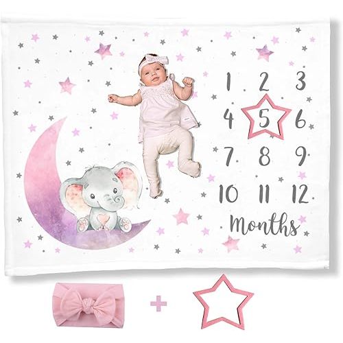 Elephant Moon Baby Milestone Blanket with Headband, First Year Calendar Monthly Growth Chart, Newborn Photo Prop Mat, Baby Girl Shower Gift, Stars Nursery (Pink, Minky 50x40)