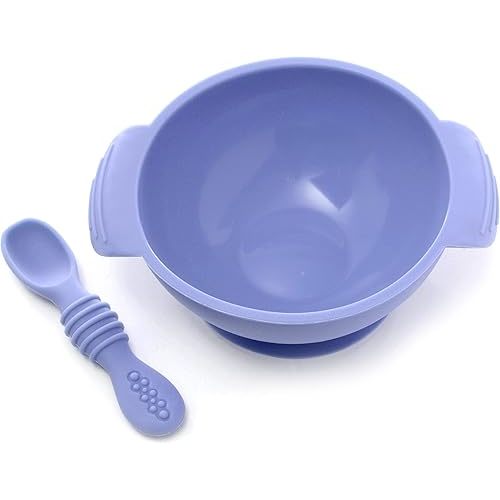 PrimaStella Unbreakable Silicone Non-Slip Bowl and Chew Spoon Set for Babies and Toddlers (Periwinkle)