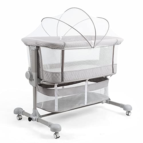 Maydolly Baby Bassinets Bedside Sleeper, Bedside Crib 3 in 1 Adjustable Travel Baby Bed with Breathable Net and Mattress, Easy Folding Portable Bassinet for Newborn Infant (Grey)