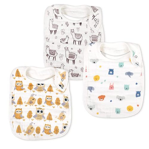 Snap Muslin Bibs for Boys & Girls, 3-Pack Baby Bibs for Infants, Newborns and Toddlers, 100% Cotton Muslin Absorbent & Soft Layers, Adjustable Snaps,"Owl,Bear,Alpaca"