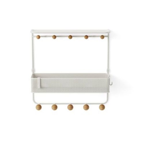 Umbra Antique Shelf With Hooks: White Decorative Wall Shelf, Metal Frame, 10 Hooks, Floating Entryway Storage, 12.5" Width