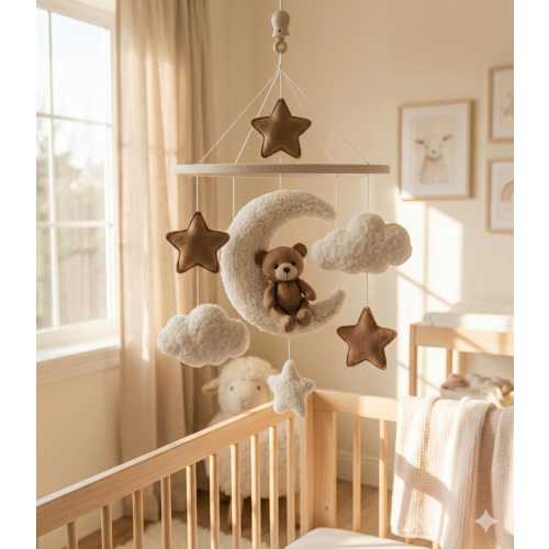 Teddy Bear on Moon Baby Mobile, Boucle Fabric Cloud Decor, Neutral Celestial Nursery