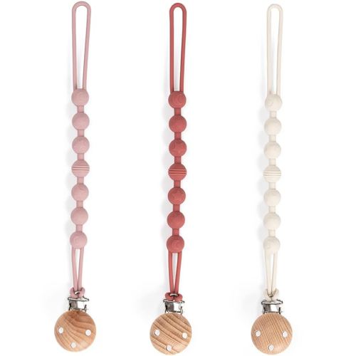 Pacifier Clip, 3 Pack Silicone Pacifier Clips with Wooden Design Pacifier Holder Clip, Soother Clips for Baby Boy & Girl (White+Light Purple+Bean Paste)