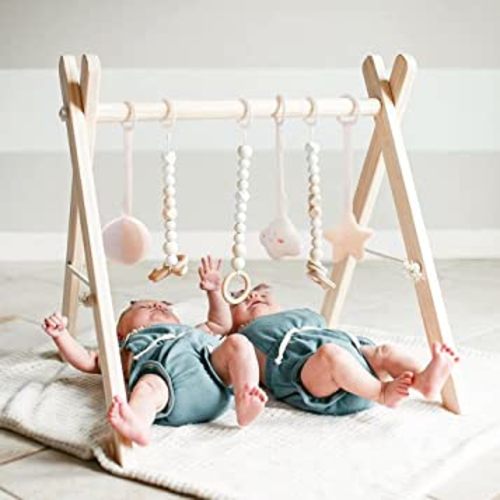 funny supply Wooden Baby Gym with 6 Gym Toys Foldable Baby Play Gym Frame Activity Center Hanging Bar Newborn Gift