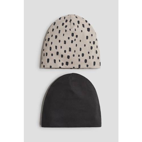 2-PACK COTTON BEANIES, Dark Gray/Dotted - size 2T/6 (1.5-6Y)