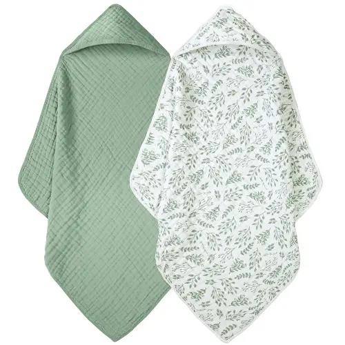 Baby Bath Towels, 100% Muslin Cotton Hooded Baby Towels for Newborn, Infant and Toddler, 2 Pack Soft and Absorbent Unisex Bath Essentials with Large 32x32Inch Size