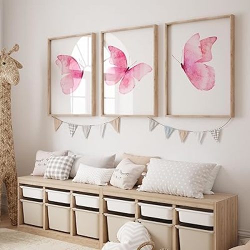Pink Butterfly Canvas Wall Art - Colorful Butterfly Prints for Girls Room & Living Room Decor - 12x16 Inch, 3 Pack, No Frame