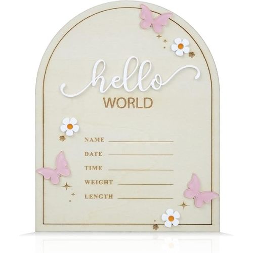 Baby Announcement Sign Wooden Hello World Birth Announcement With Flowers Plaques for Photo Props Baby Shower Hospital Nursery (Flower)