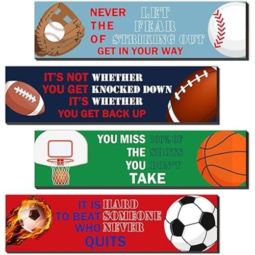 Sport Motivational Quote Wall Art(pack of 4), Sport Themed for Boy's Bedroom Playroom Classroom Living Room Decoration