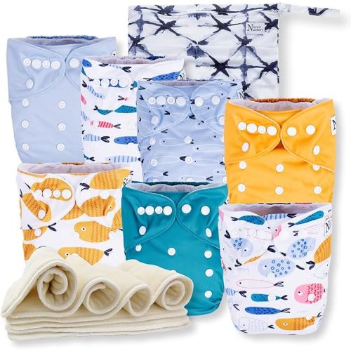 Nora's Nursery Cloth Diapers 7 Pack with 7 Inserts & 1 Wet Bag - Waterproof Cover, Washable, Reusable & One Size Adjustable Pocket Diapers for Newborns and Toddlers - Woodlands