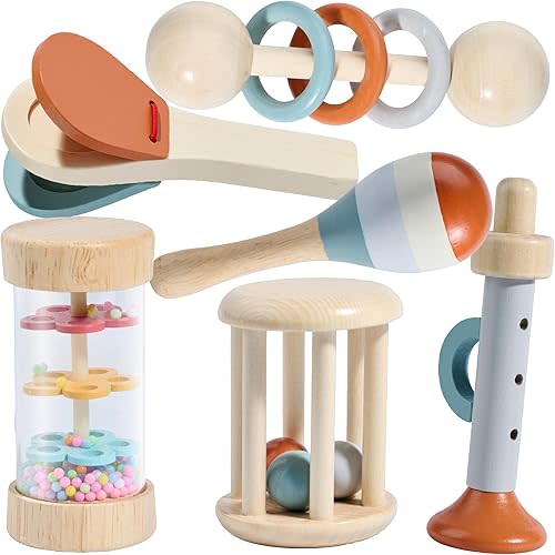 Montessori Mama Baby Rattle and Musical Set, 6 Piece Wooden Infant Toy