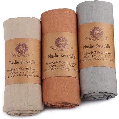 Meracorallo Muslin Swaddle Blanket Silky Soft Receiving Blanket Neutral Swaddle Wrap for Baby Boys and Girls, 47 x 47 inches, Set of 3 Solid Color