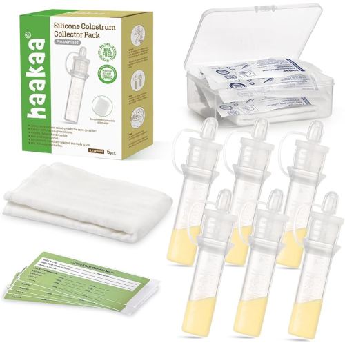 haakaa Colostrum Collector Kit Breast Milk Collector with Cotton Cloth Wipe and Storage Case, Ready-to-Use, Reusable, 4ml/6pcs