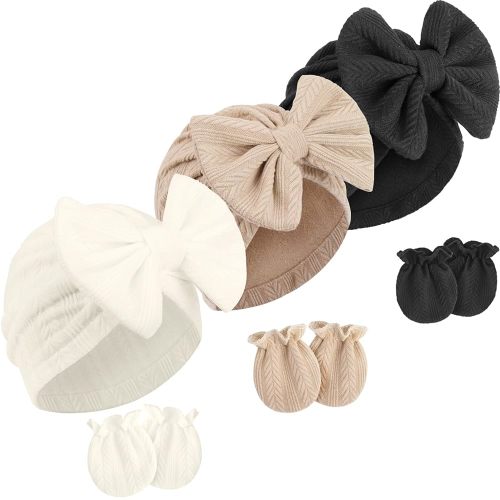 Newborn Baby Hats and Mittens Set Infant Bow Beanie Cap Toddler Gloves Newborn Hospital Hats for Baby Boy Girl 0-12 Months