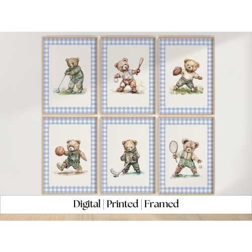 Set of 6 Vintage Teddy Bear Sports Wall Art, Babyshower Gift Boy, Watercolor Illustrations,Sports Nursery Theme Decor,Kids Room,Blue Gingham