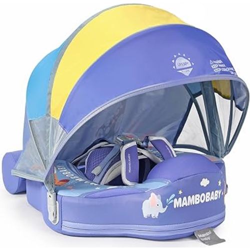 Mambobaby Float Add Tail No Flip Over Non-Inflatable Baby Swim Float Pearl Foam Solid Water Floats Smart Swim Trainer Infant Pool Float Swim Ring with Sun Canopy