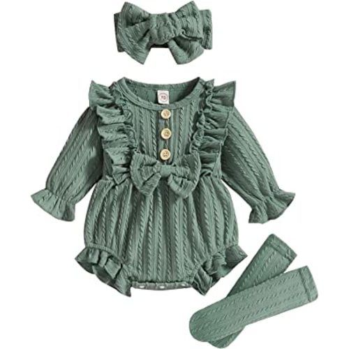 GRNSHTS Newborn Baby Girl Clothes Ruffle Solid Sweater Long Sleeve Romper+Hairband+Socks 3Pcs Fall Winter Outfits