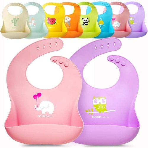 Single or Set of 2 Waterproof Silicone Baby Bib Lightweight Comfortable Easy-Wipe Clean - Purple/Light Pink - Small