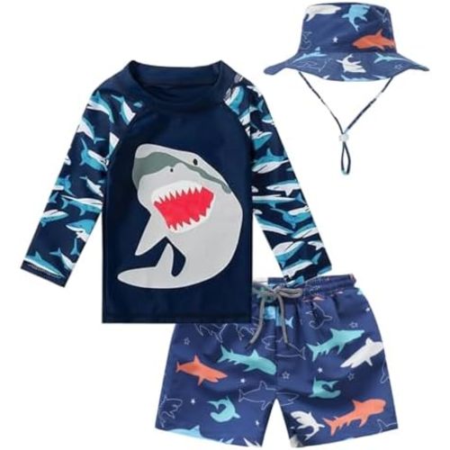 Baby Boys Swimsuit, 3-Piece Toddlers Swimsuit Trunk Long Sleeve Rashguard Swimwear and Sun Hat Set