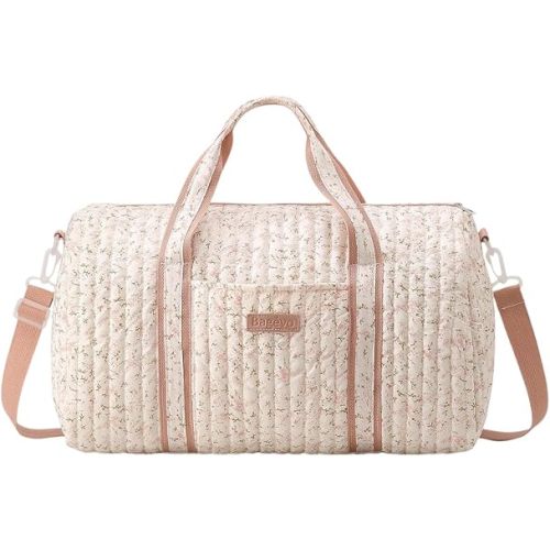 Quilted Duffle Bag for Women Teddy Bear Duffel Bags for Travel Cute Weekender Bags Baby Hospital Bag (M-beige light‑pink floral)