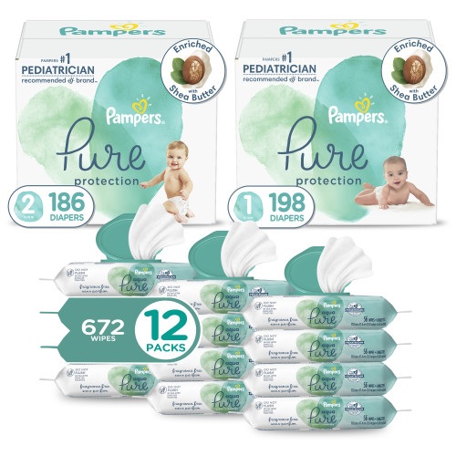 Pampers Pure Protection Diapers Starter Kit: Sizes 1 (198 count) & 2 (186 count) diapers + Aqua Pure Sensitive Wipes 12 Pack (672 count)