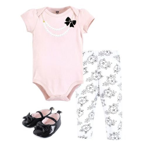 Hudson Baby Infant Girl Cotton Bodysuit, Pant And Shoe Set, Pink Black Necklace, 3-6 Months