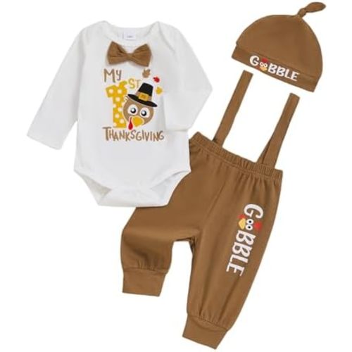 Karuedoo My 1st Thanksgiving Baby Boy Outfit Long Sleeve Bowtie Romper Suspender Pants with Hat 3 Piece Clothes Set
