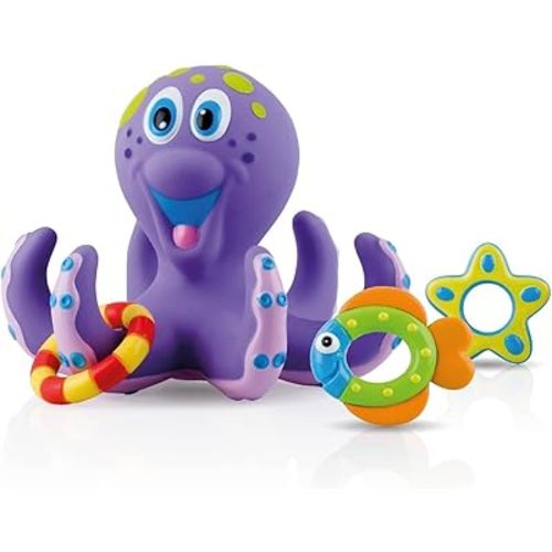 Nuby Floating Octopus Toy with 3 Hoopla Rings - Baby Bath Toy for Boys and Girls - 18+ Months - Purple (Pack of 1)