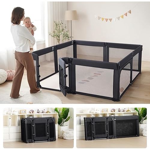 Baby Playpen,Large Play Pen for Babies and Toddlers with Door 79x71 Inch, Adjustable Playpen Non-Slip Suction Cups Base Safe and Sturdy, Indoor Outdoor Playard,Black