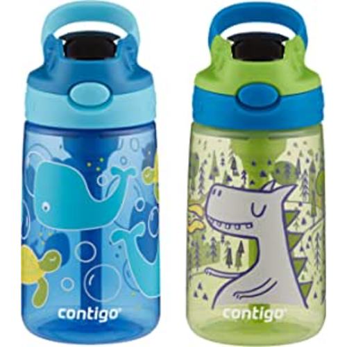 Contigo Aubrey Kids Cleanable Water Bottle with Silicone Straw and Spill-Proof Lid, Dishwasher Safe, 14oz 2-pack, Whales & Dragon - 14oz 2 Pack