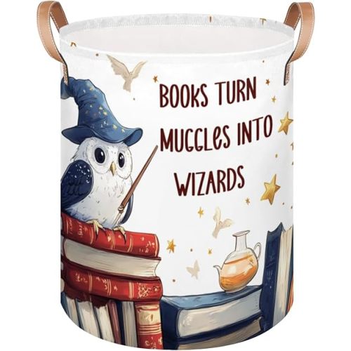 Large Laundry Hamper Basket Owl Wizard Round Collapsible Storage Organizer Bin for Kids, Boys, Nursery, Closet, Bedroom, Playroom, Toys, Dirty Clothes, 16"W x 20"H