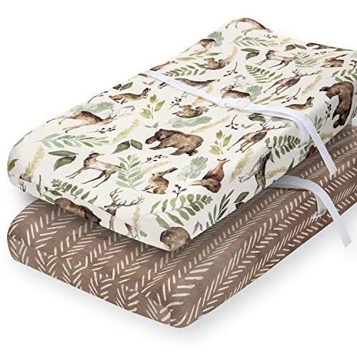 Pobibaby - 2 Pack Premium Changing Pad Cover - Ultra-Soft Cotton Blend, Stylish Woodland Pattern, Safe and Snug for Baby (Wildlife)