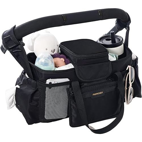 Momcozy Extra Large Stroller Organizer Max | with Food Grade Pacifier Teether Bag | 2 Insulated Cup Holder | Silicone Anti-Slip Straps | 3-Way Usage | Detachable Small Pouch | for UPPAbaby/Doona