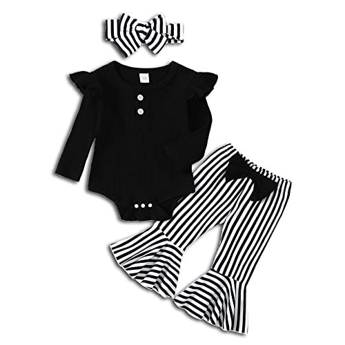ADXSUN Newborn Baby Girl Clothes Ribbed Ruffled Romper+Striped/Cow/Leopard Flared Pants Infant Outifts 0-18 Months