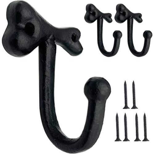 Rustic Wall Hooks Heavy Duty, Cast Iron Hooks, Dog Bone Decorative Cast Iron Wall Hooks, Vintage Hooks for Hanging Coats, Bags, Key, Towels, Hats, Clothes, Belts (Black 3 Pack)