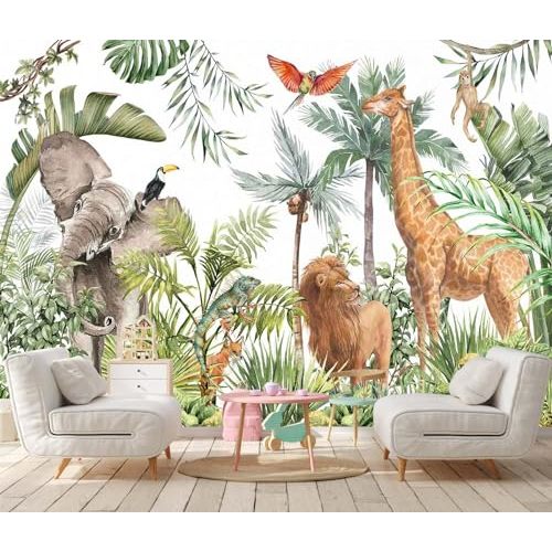 Jdayda Safari Wallpaper Hand Painted Elephants Giraffes Monkeys Lions Tropical Palm Trees Jungle Forest Wall Mural for Bedroom Living Room Baby Nursery