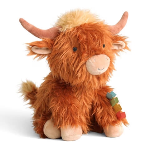 Itzy Ritzy Snuggles Plush Toy – Soft Stuffed Animal for Babies, Kids & Adults – Sensory Ribbons & Textured Fabrics for Tactile Play – Cozy & Cuddly Companion for Newborns & Up (Highland Cow)