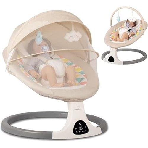 JFOVMCYG Electric Baby Swing for Infants 0-9 Months, Portable Infant Swing with 5 Speeds, Bluetooth Audio, Remote Control, USB Power Cable & Adapter Included, Lvory White, Up to 20 lbs