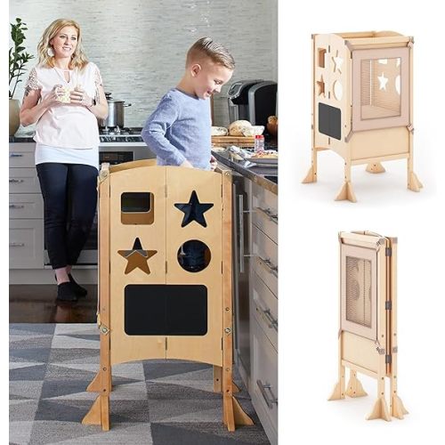 Guidecraft Classic Kitchen Helper® Stool and 2 Keepers - Natural: Wooden Adjustable Height, Folding Kitchen Step Stool for Toddlers, Chalkboard and Whiteboard Message Boards, Supports Up to 125lbs