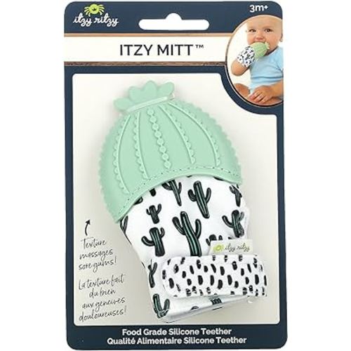 Itzy Ritzy Silicone Teething Mitt - Soothing Infant Teething Mitten with Adjustable Strap, Crinkle Sound & Textured Silicone to Soothe Sore & Swollen Gums - Baby Teething Toy For 3 Mos & Up, Cactus