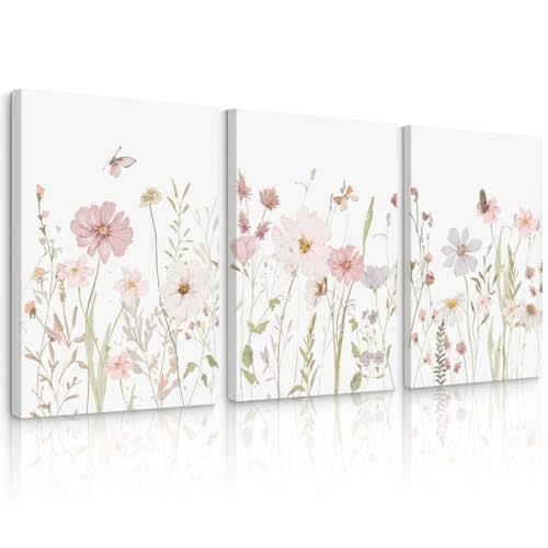 Wildflower Nursery Wall Art Pink Watercolor Floral Painting Baby Girl Nursery Canvas Wall Decor Vintage Botanical Flower Picture Boho Wildflower Prints for Bedroom 12x16x3 Inch Wrapped Canvas