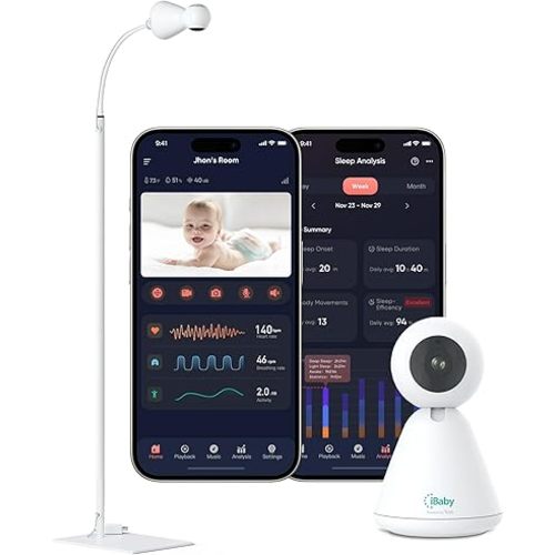 iBaby i20 Contactless Baby Monitor: Track Live Heart Rate, Breathing, Sleep, Movement - Wellness Baby Monitor with Floor Stand - 1080p WiFi Camera, Night Vision, 2-Way Audio, Cry and Safety Alerts
