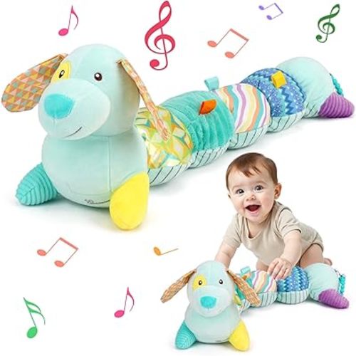 Baby Tummy Time Musical Stuffed Animal Plush Dog Toys for Infant 0-3-6 Months Newborn Baby Sensory Toy with Crinkle Rattle for 6-12 Month Old Boys Girls Christmas Birthday Shower Gifts