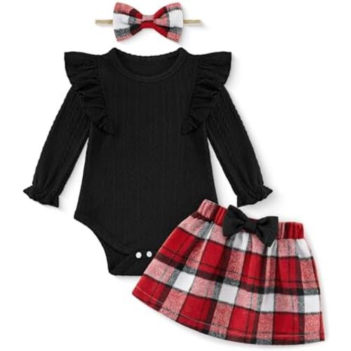 Weixinbuy Baby Girl Fall Skirt Outfits Toddler Long Sleeve Romper Plaid Skirt with Headband Newborn Infant 0-18M Clothes Set