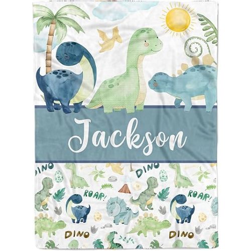MDPrints Custom Baby Blankets for Boys, Customized Baby Boy Gifts with Name, Personalized Baby Blanket, Newborn Gift (Dinosaur 235c)