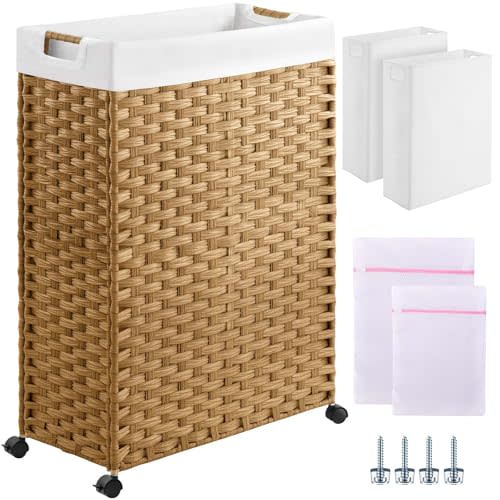 Greenstell Laundry Hamper with Wheels & Handles, 26.4 Gallon (100L) Slim Laundry Basket with 2 Removable Liner Bags & 2 Mesh Bags, Foldable Narrow Clothes Hamper for Bedroom, Bathroom, Closet, Natural